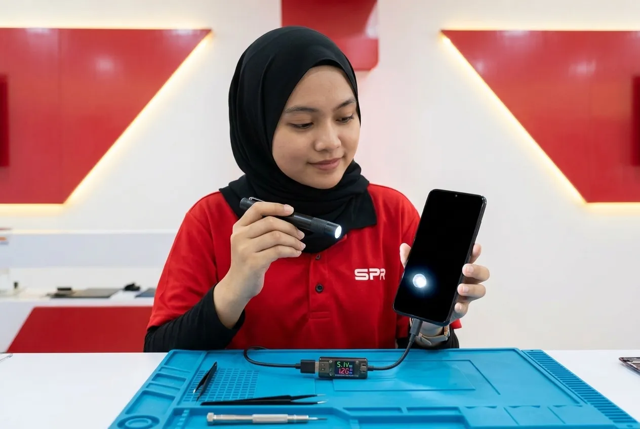 Technician checking an Android phone with a black screen using a torch at an angle