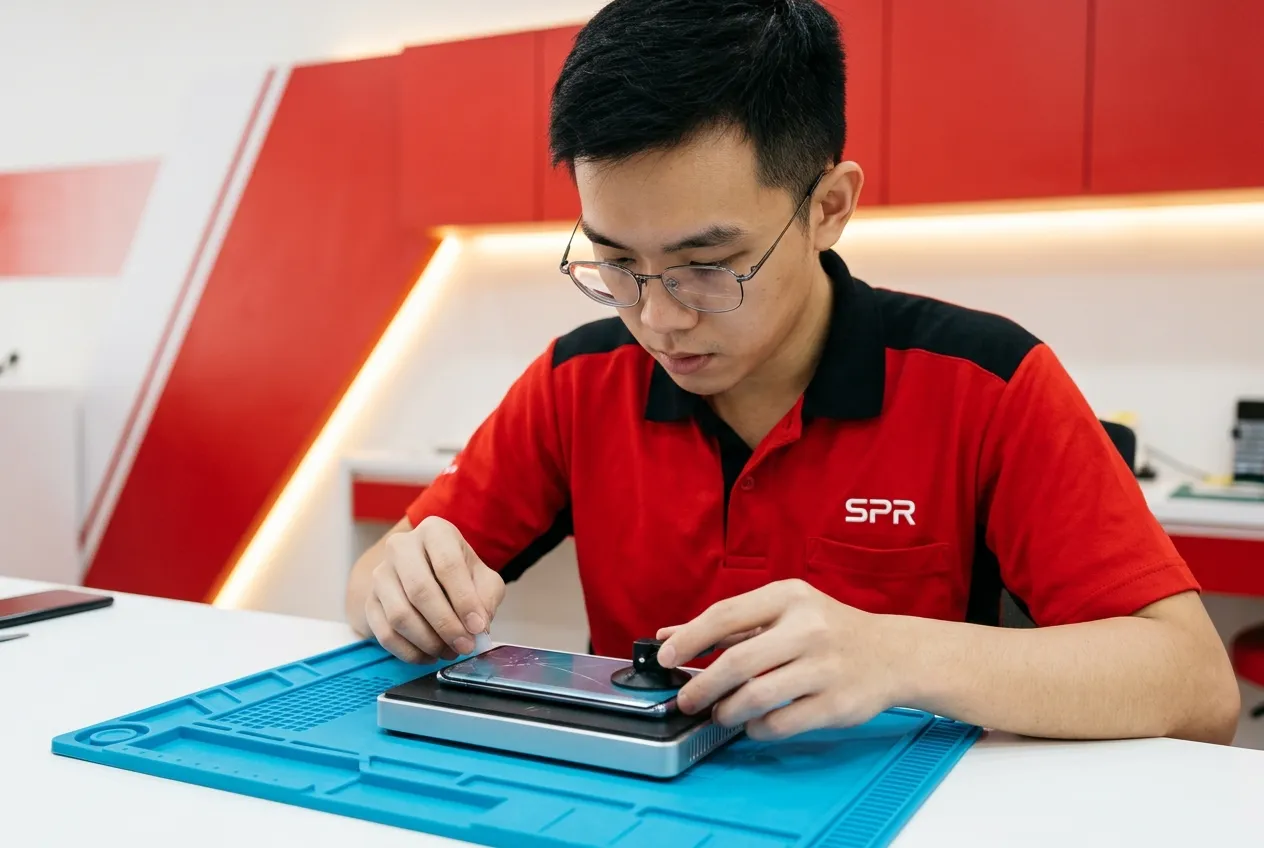 Technician lifting a curved Android phone screen on a heated separator plate