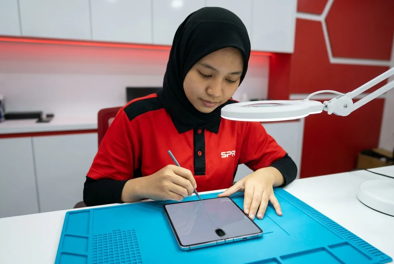 Technician inspecting the inner folding screen of a foldable Android phone near the hinge