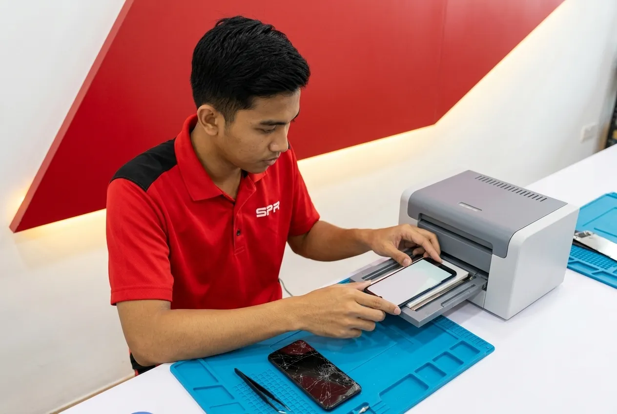 Technician placing an Android display with new glass into a laminating press