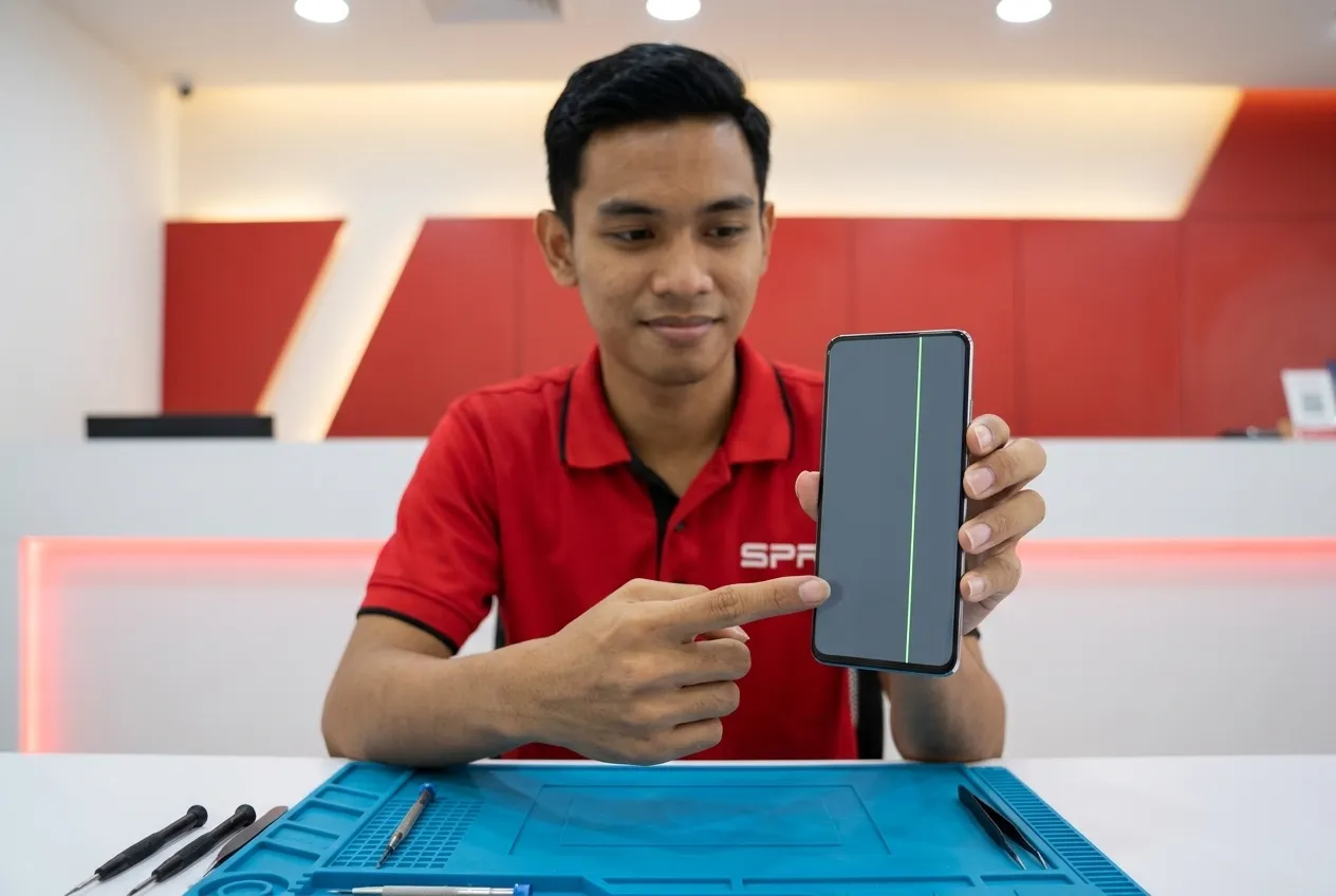 Android phone screen with a single thin green vertical line