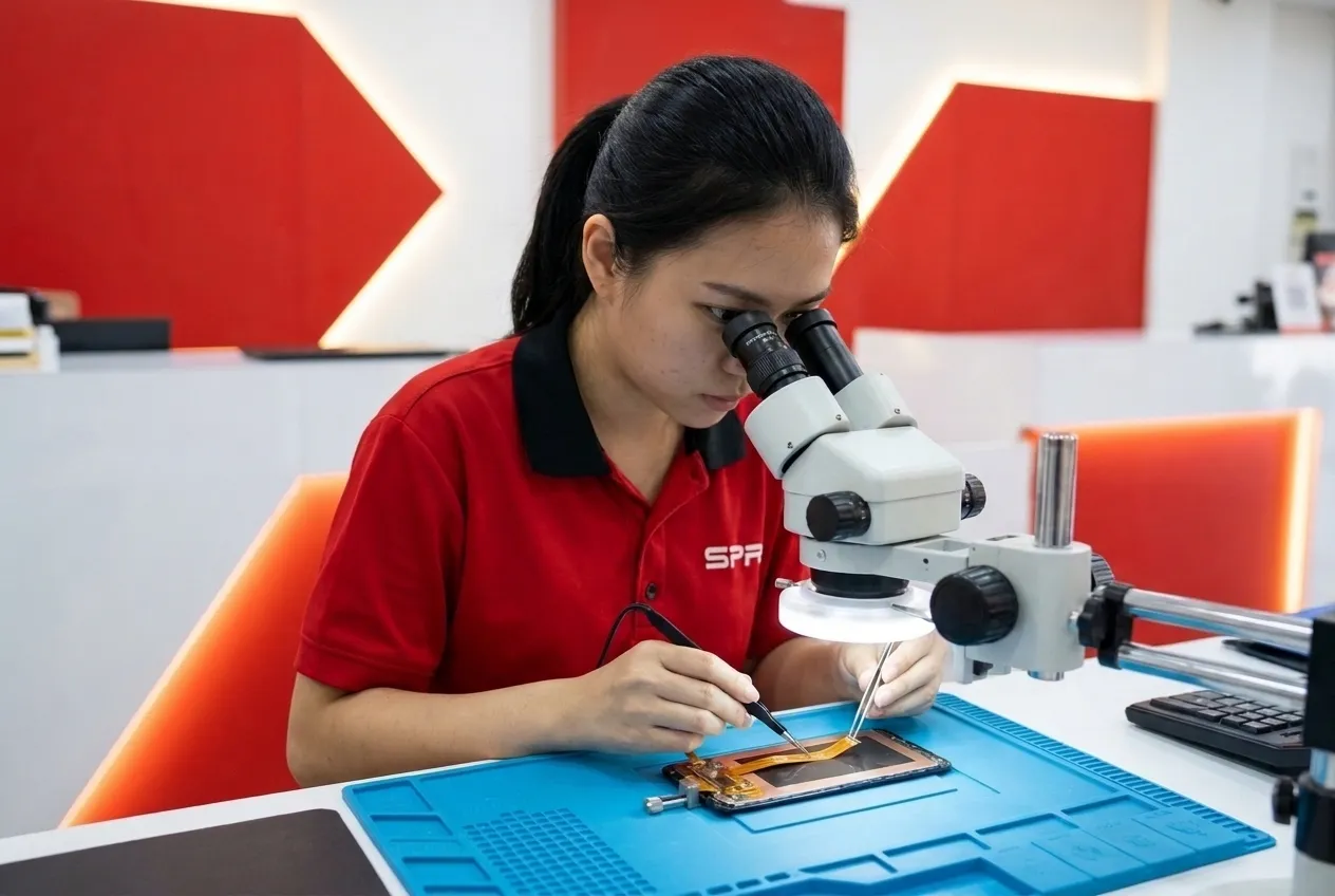 Technician repairing an Android display under a stereo microscope
