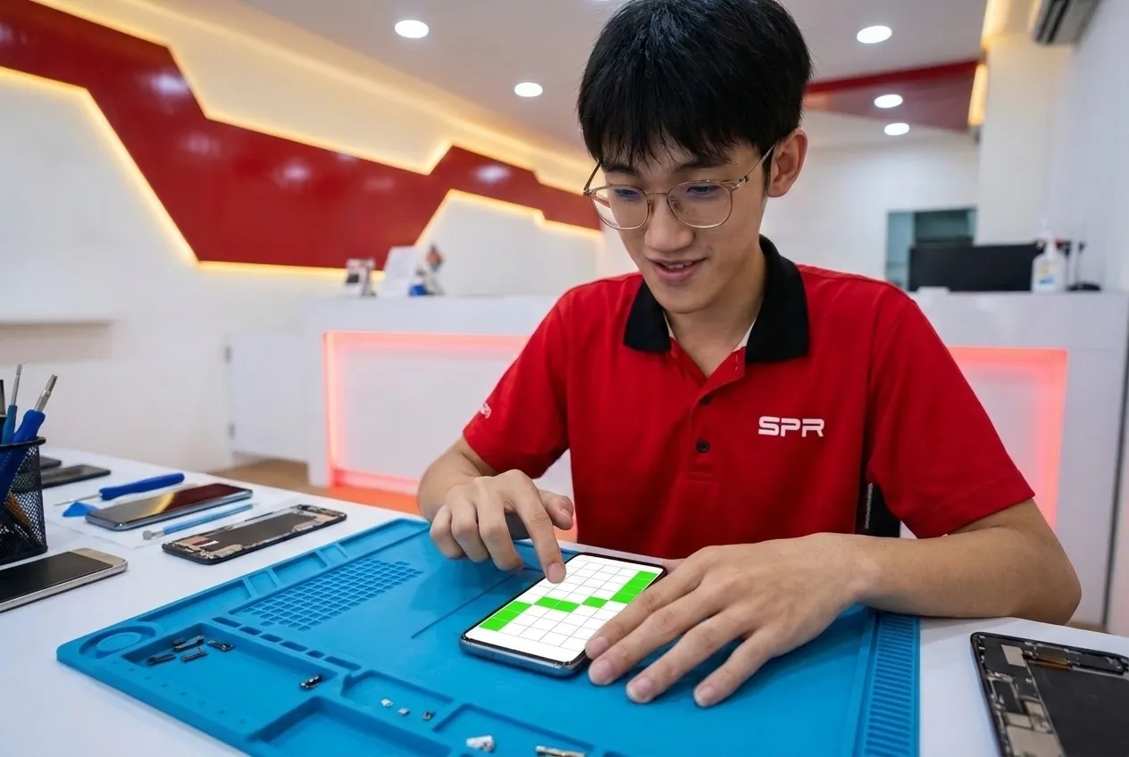 Technician testing touch across an Android screen with a grid test pattern